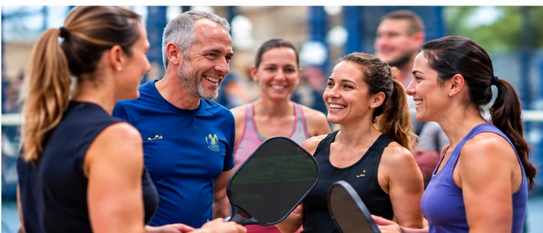 Pickleball players enjoying time together on court